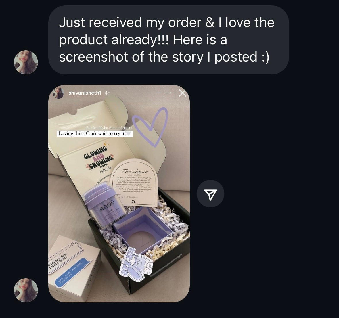 Customer message and Instagram story showing Arō, its box and a thank-you card in an opened parcel.