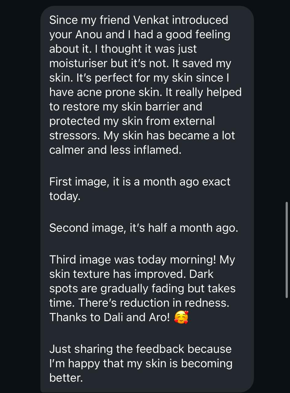 Screenshot of a customer message describing their experience with Arō and Dalí over a month, including texture, dark spots and redness.