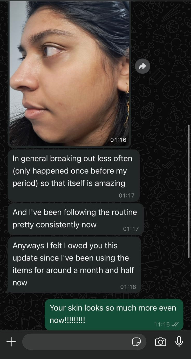 WhatsApp screenshot with a customer’s cheek photo and an update on fewer breakouts during their skincare routine.