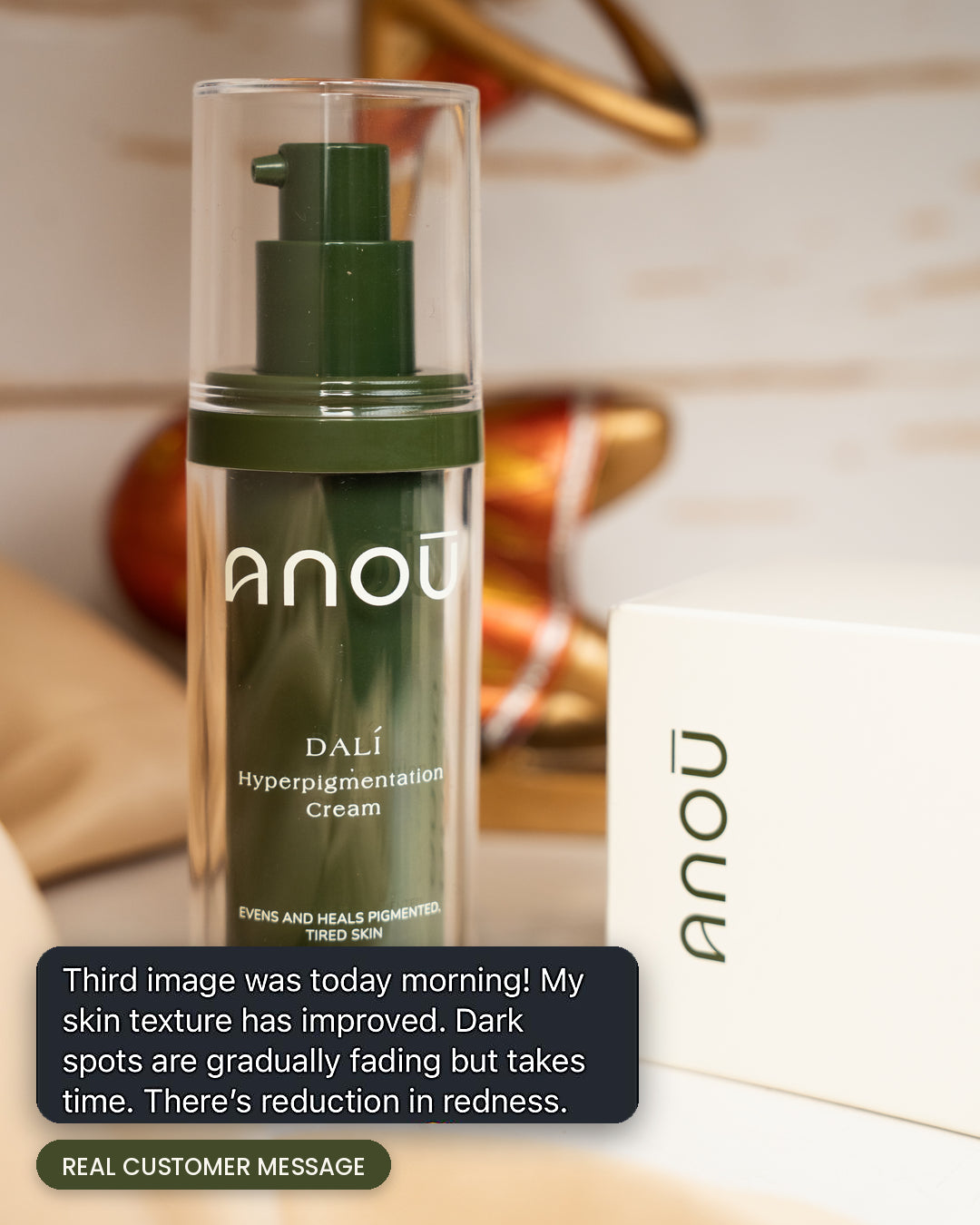Dalí bottle and box with a customer message about texture, fading dark spots and reduced redness.