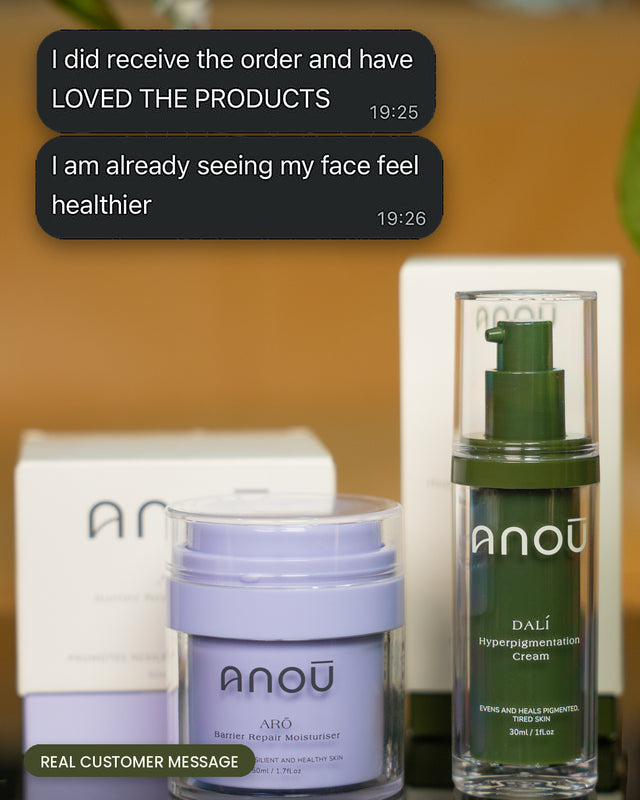 Arō and Dalí bottles with their boxes, overlaid with a customer message saying they love the products and how their skin feels.