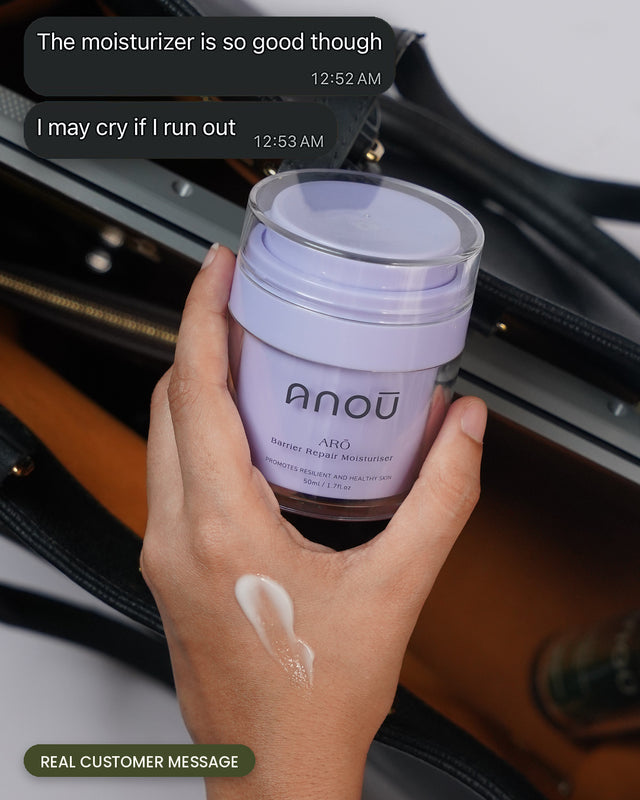 A hand holding an Arō jar beside a cream swatch, overlaid with a customer message praising the moisturiser.