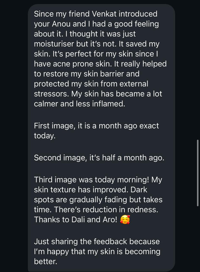 Screenshot of a customer message describing their experience with Arō and Dalí over a month, including texture, dark spots and redness.