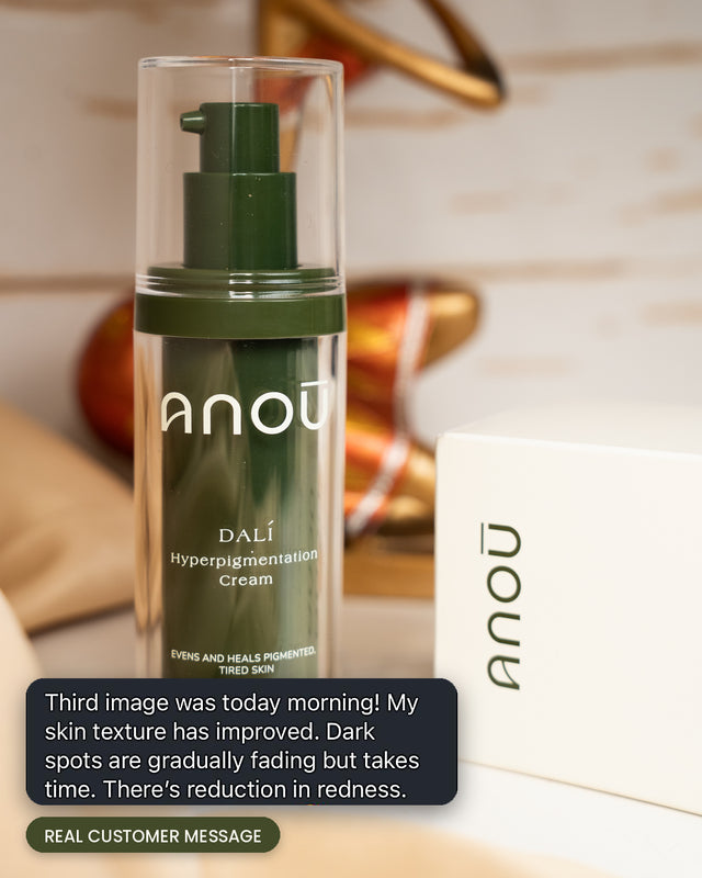 Dalí bottle and box with a customer message about texture, fading dark spots and reduced redness.