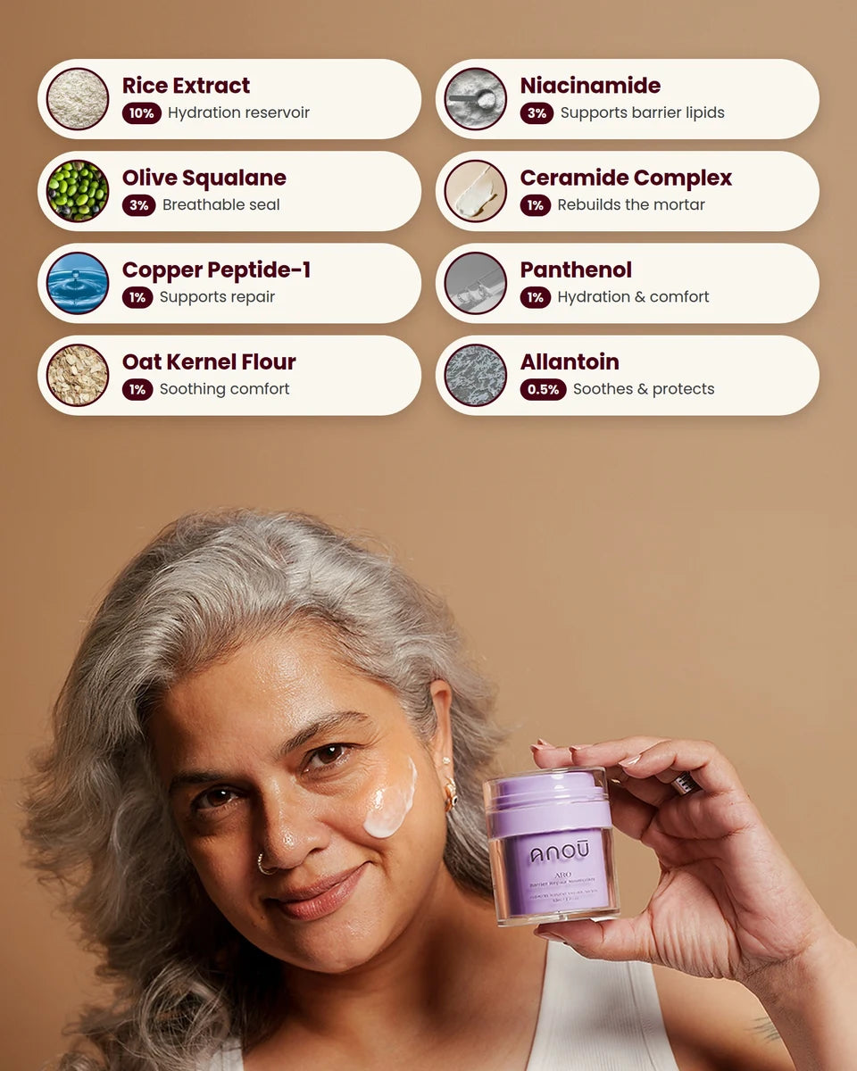 A woman with grey hair holding Arō moisturiser beside cream on her cheek against a warm tan background.