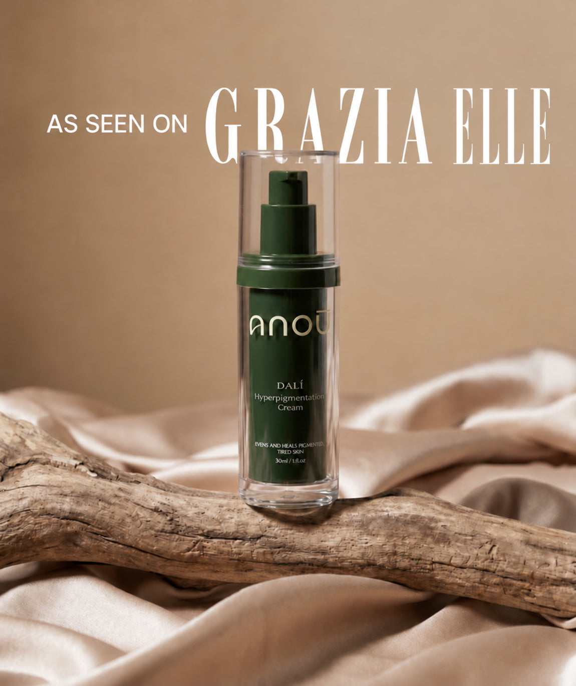 Anoū Dalí 30 ml depigmentation cream in a green pump bottle on wood and cream fabric, with “As seen on Grazia and ELLE” artwork.